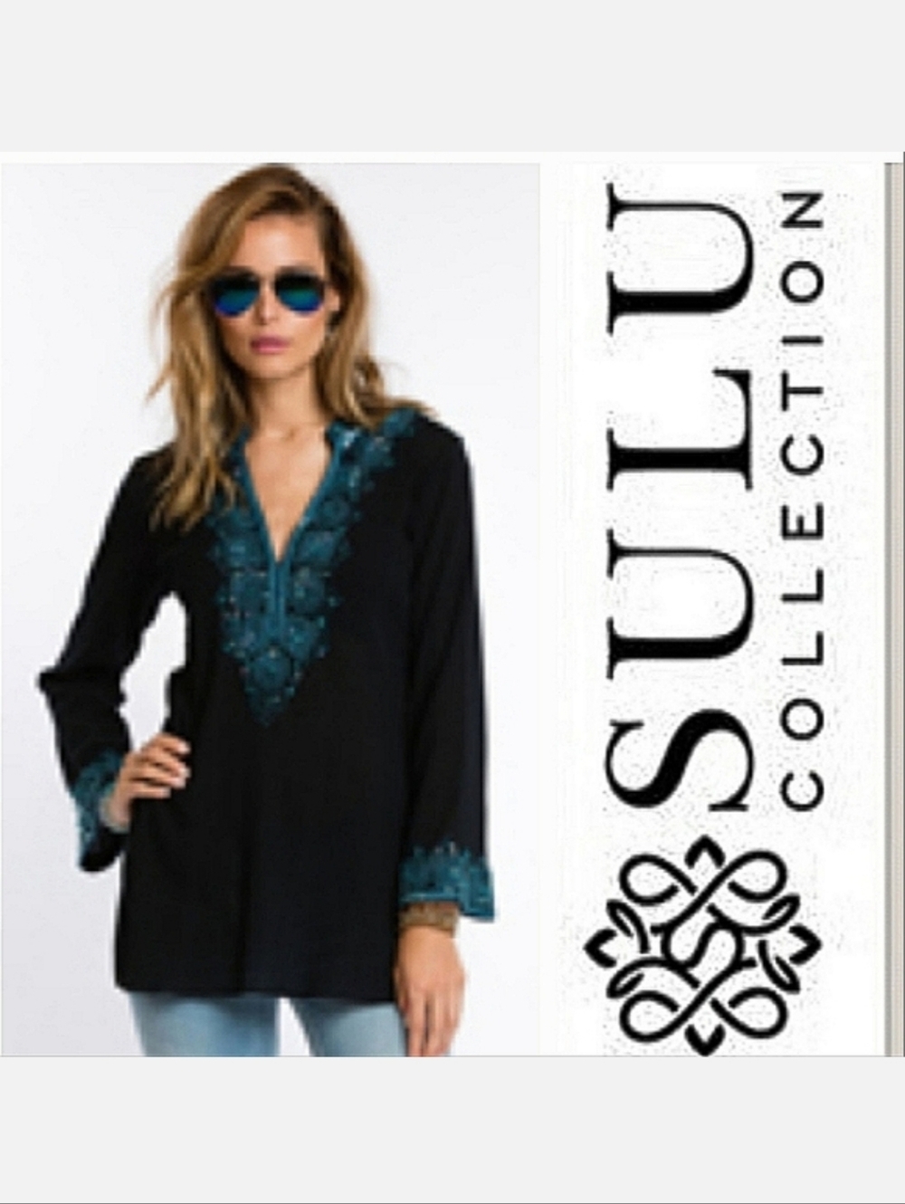 SULU Maya Indian Kurti Tunic Top Blue/Turquoise Embroidered Sz S BohoChic